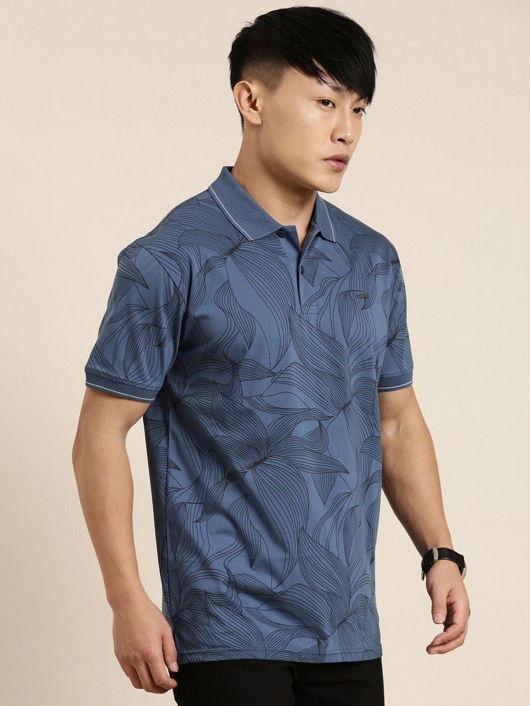 provogue men blue floral printed polo collar tropical pockets t-shirt