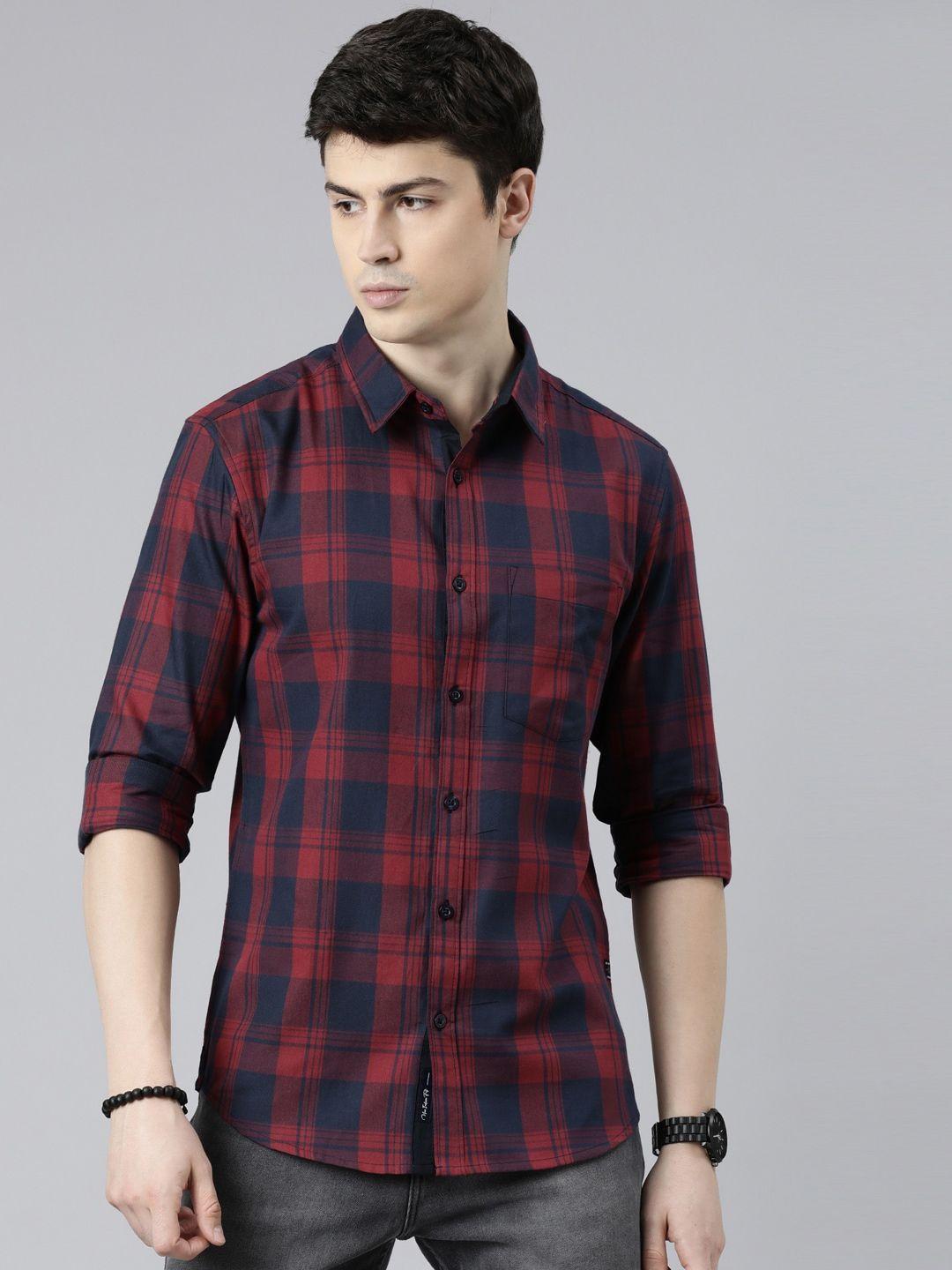 provogue men maroon slim fit tartan checks opaque checked casual shirt