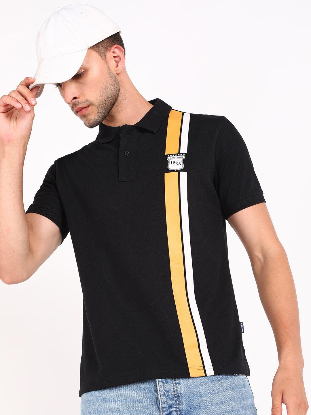 provogue men striped polo collar pure cotton slim fit t-shirt