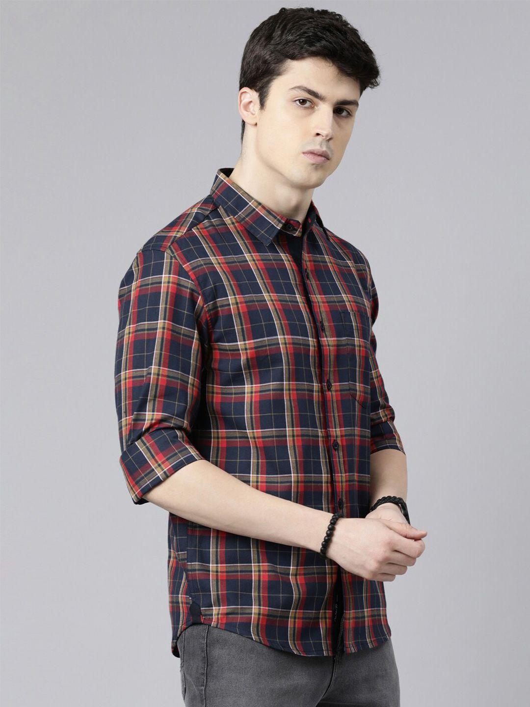 provogue slim fit tartan checks spread collar long sleeves cotton casual shirt