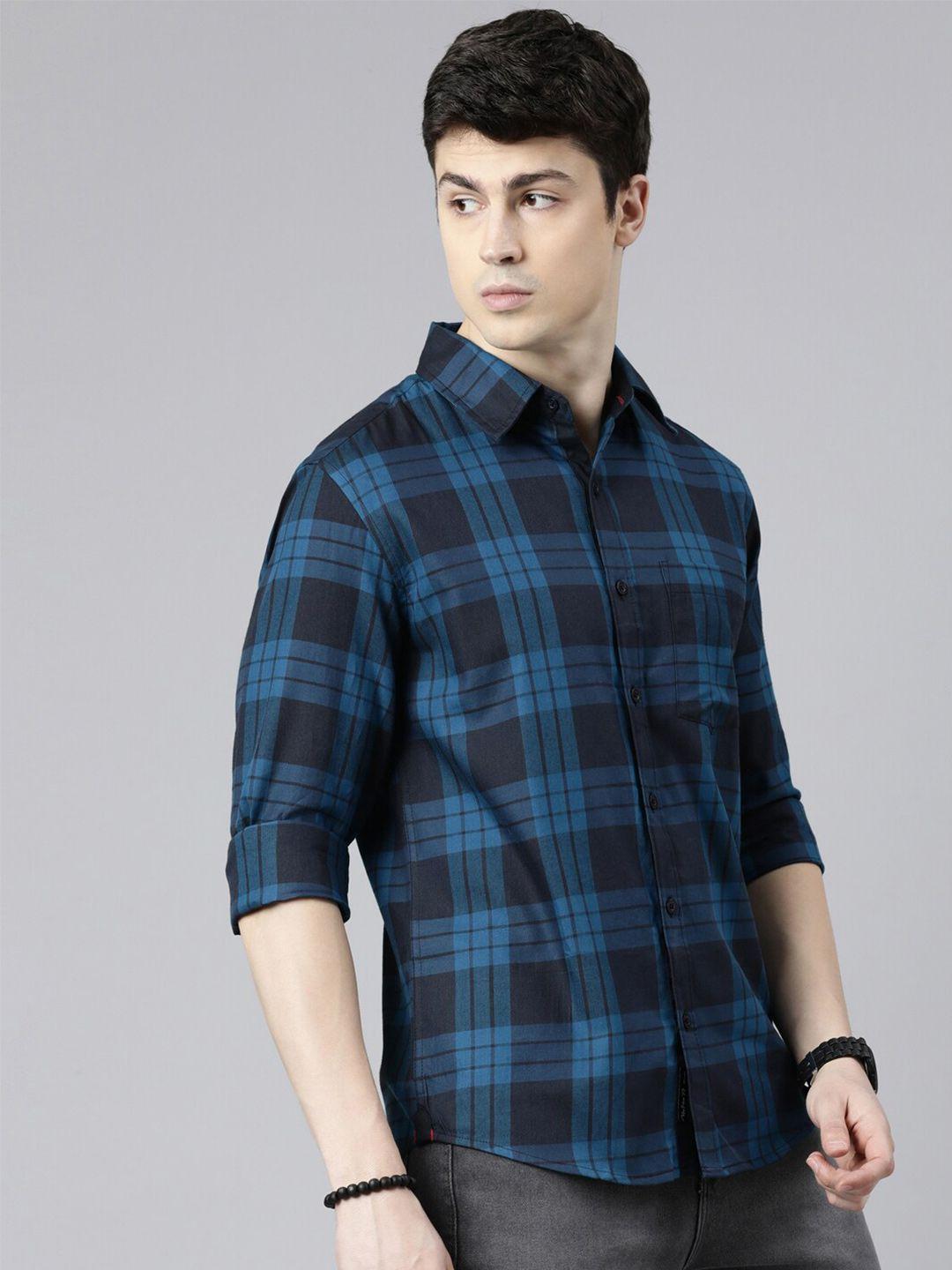 provogue slim fit tartan checks spread collar long sleeves cotton casual shirt