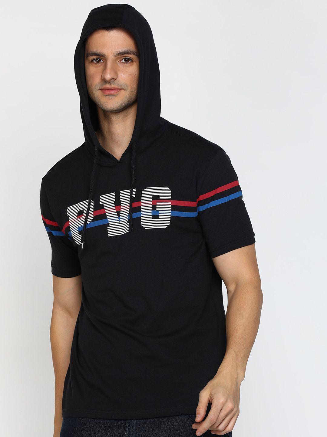 provogue typography & striped detail hooded pure cotton t-shirt