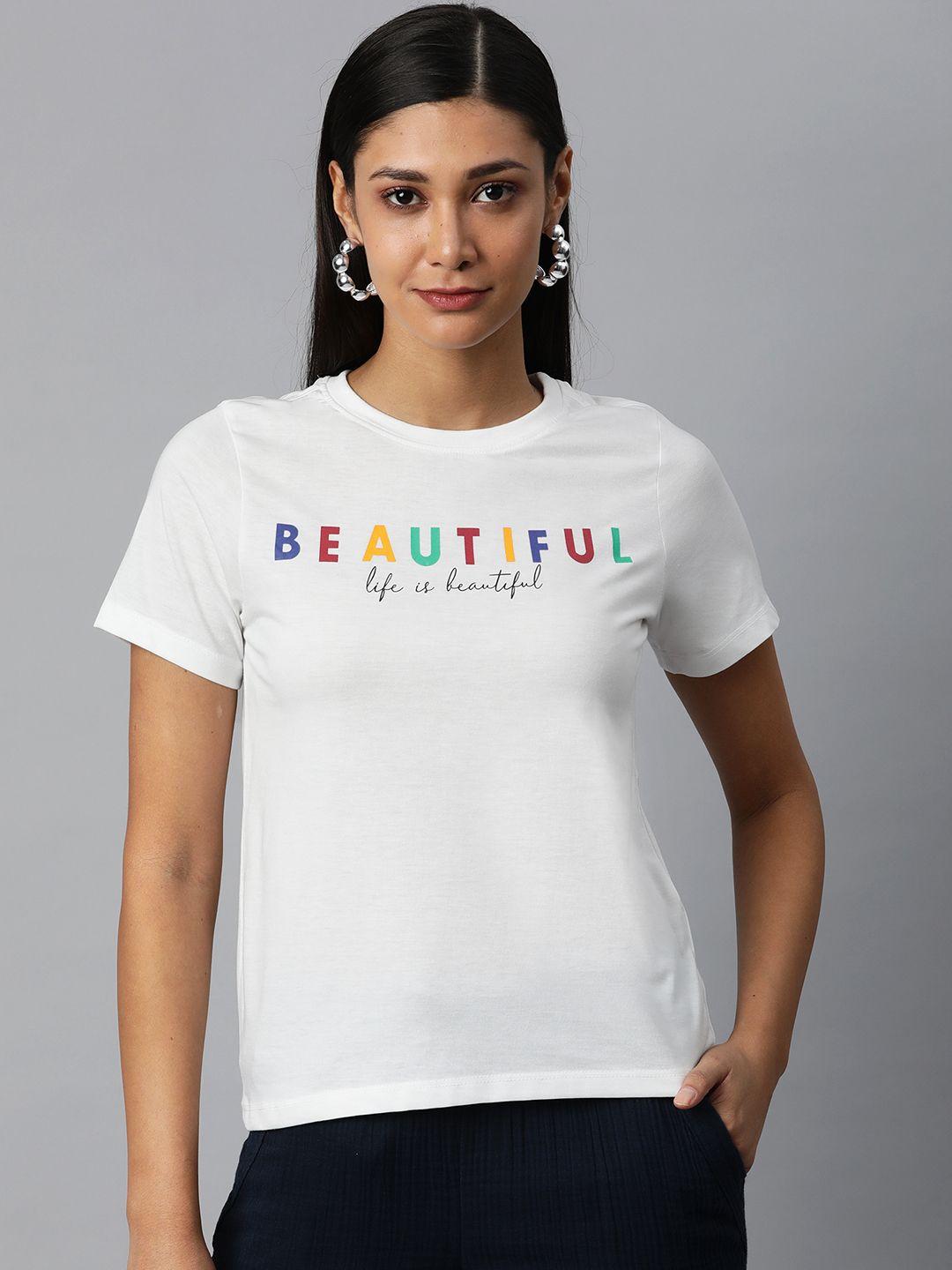 provogue women white & black typography printed t-shirt