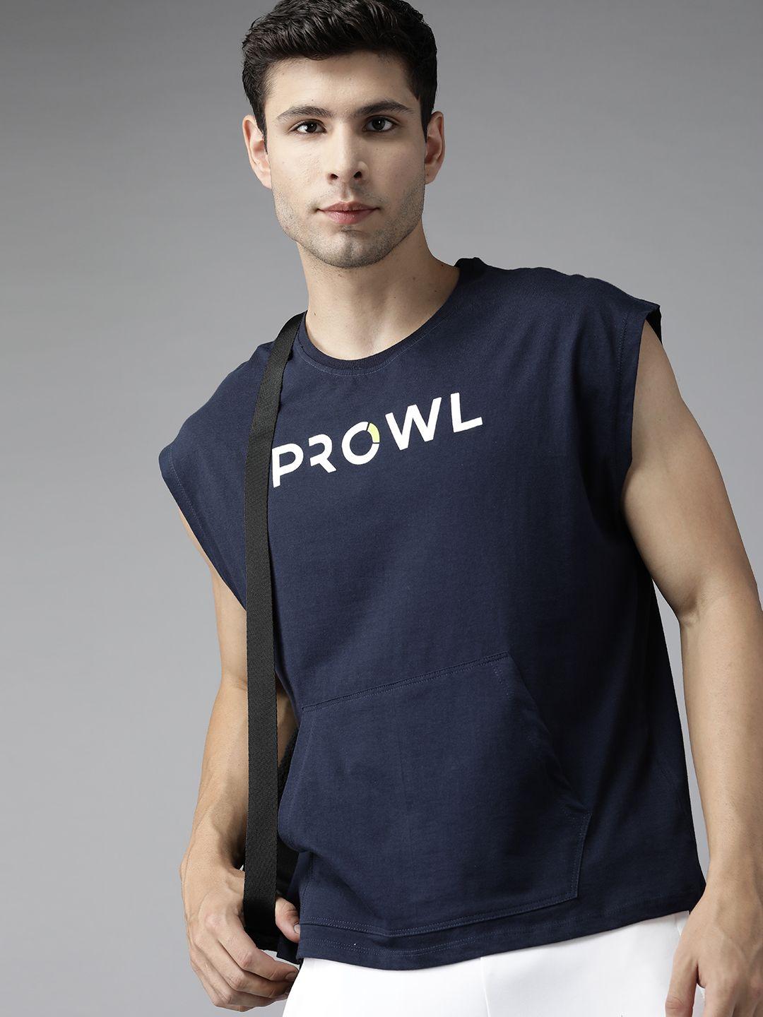 prowl by tiger shroff men navy blue & white pure cotton brand logo printed extended sleeves t-shirt
