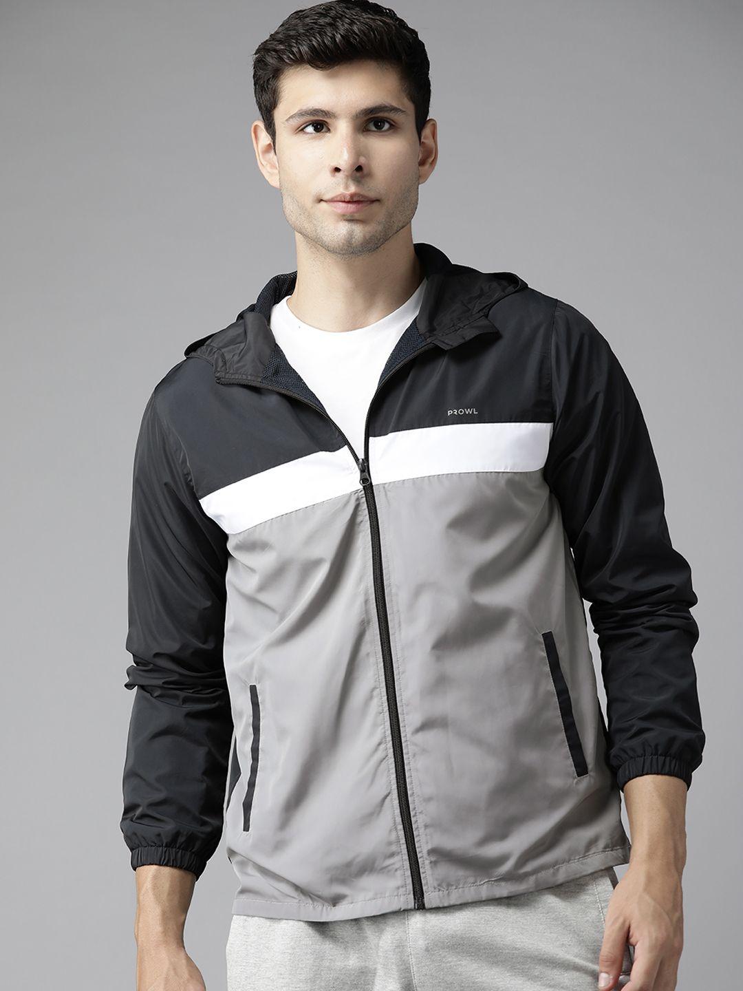 prowl by tiger shroff men navy blue grey & grey colourblocked speed-dry technology sporty jacket