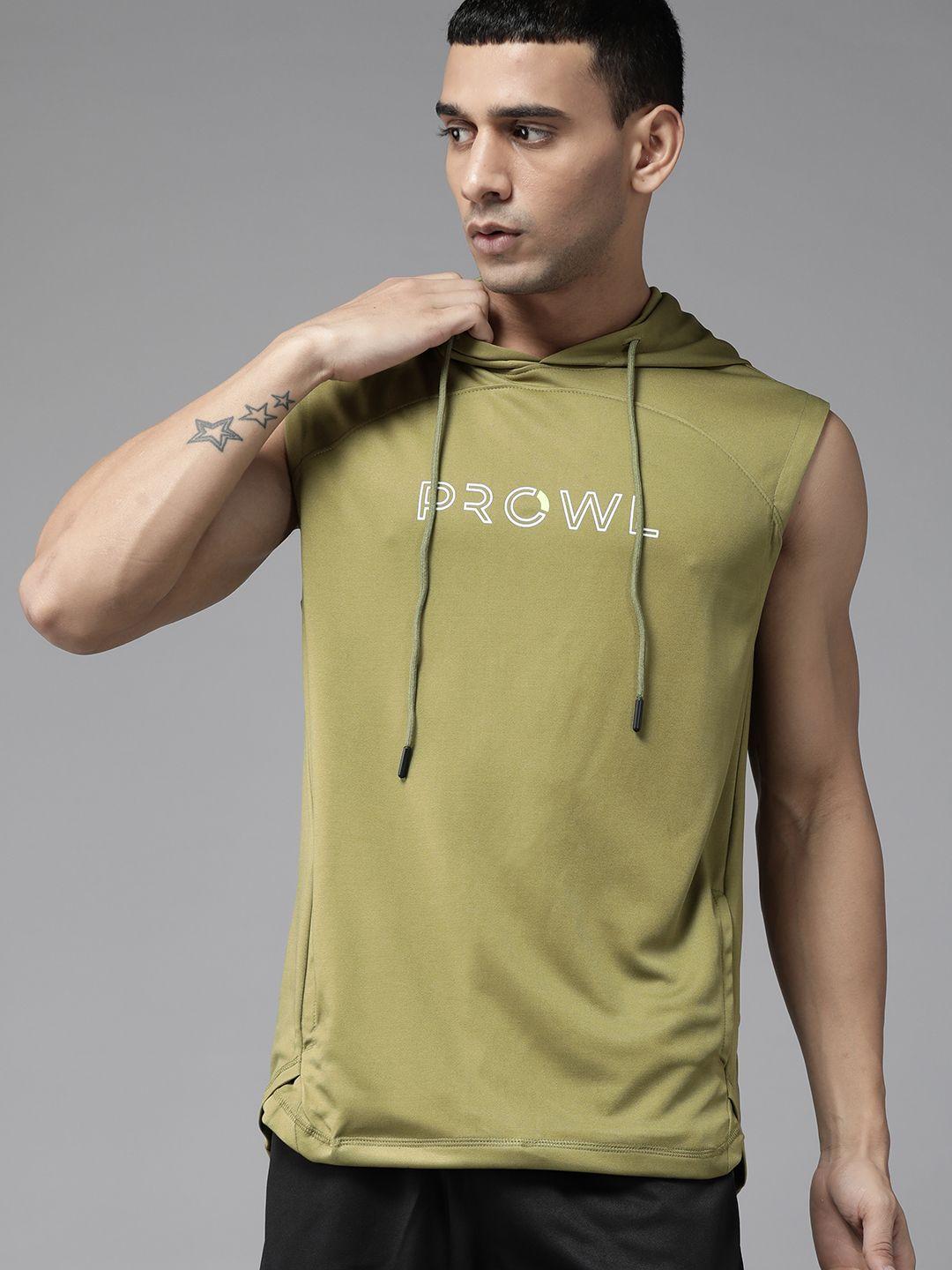 prowl by tiger shroff men olive green brand logo printed speed-dry hooded sweatshirt