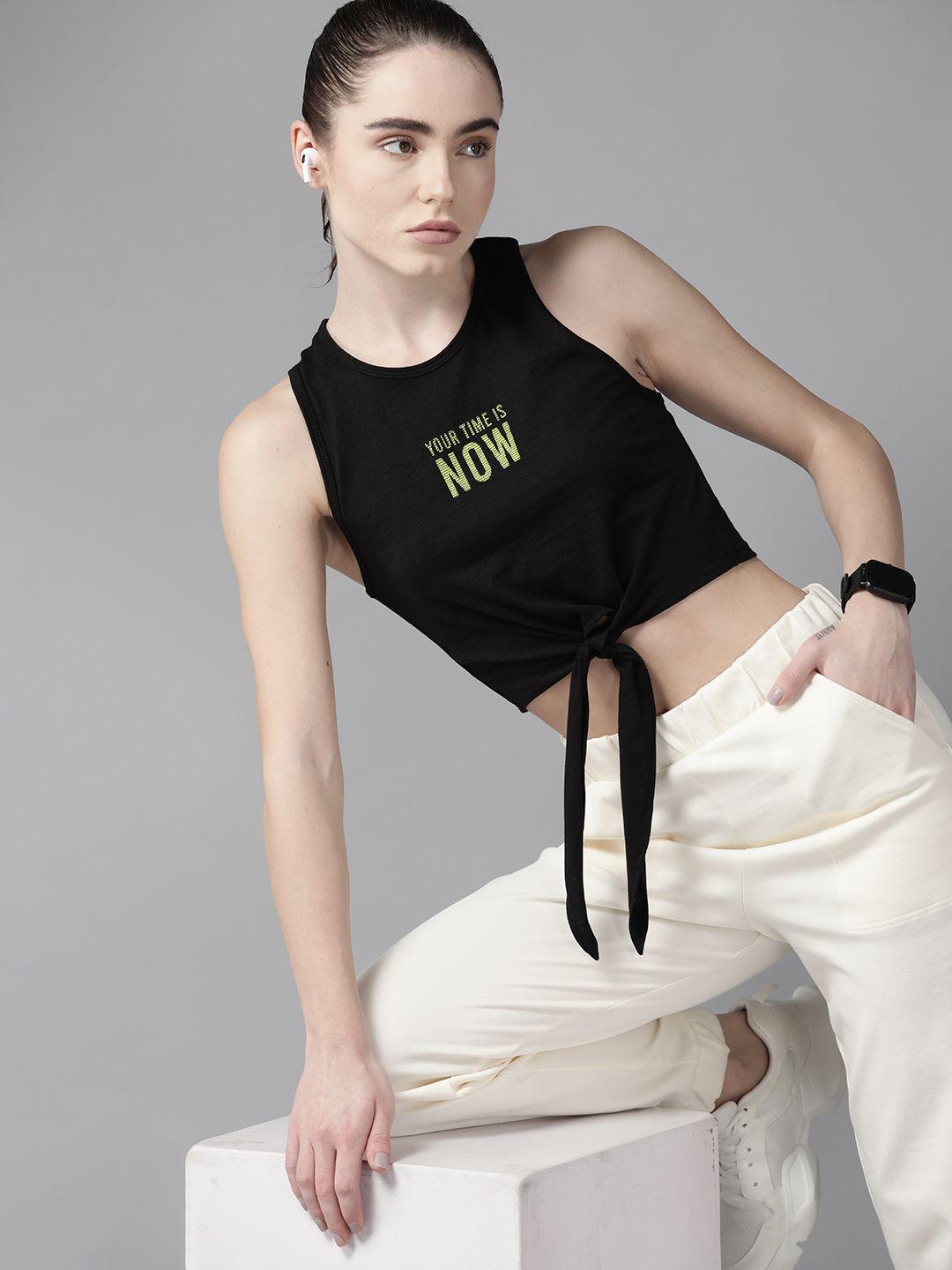 prowl by tiger shroff women black & lime green typography printed crop t-shirt
