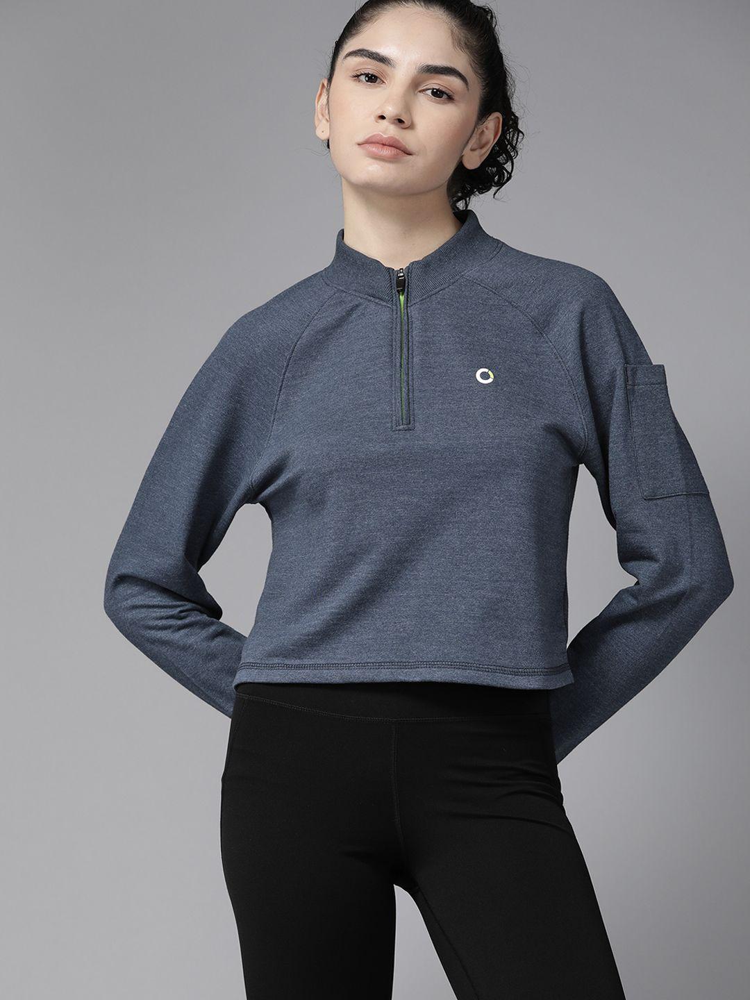 prowl by tiger shroff women navy blue melange effect solid half zipper running sweatshirt