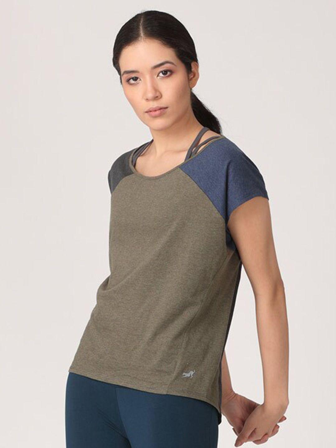 proyog women olive green & grey print extended sleeves organic cotton styled back top