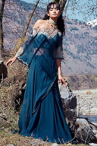 prussian blue shaded embroidered cape set