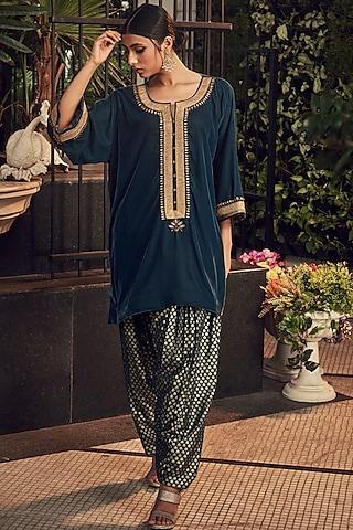 prussian blue embroidered kurta set