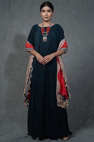 prussian blue gown with ruffled dupatta
