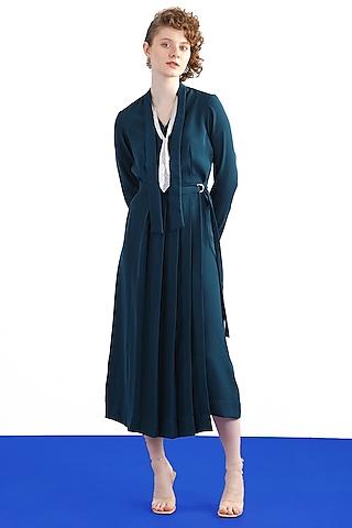 prussian blue japanese crepe pleated midi dress