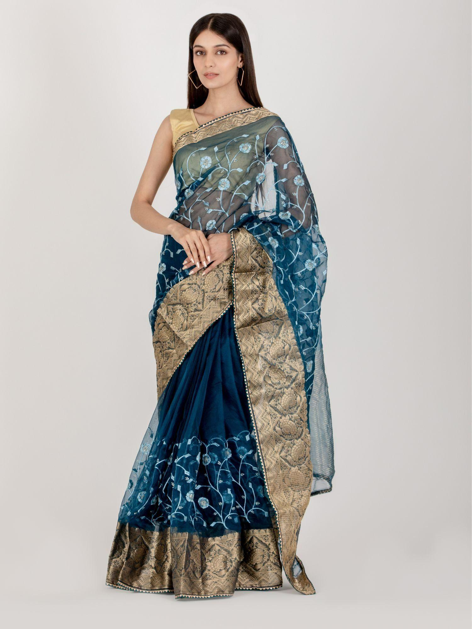 prussian floweret organza saree with unstitched blouse