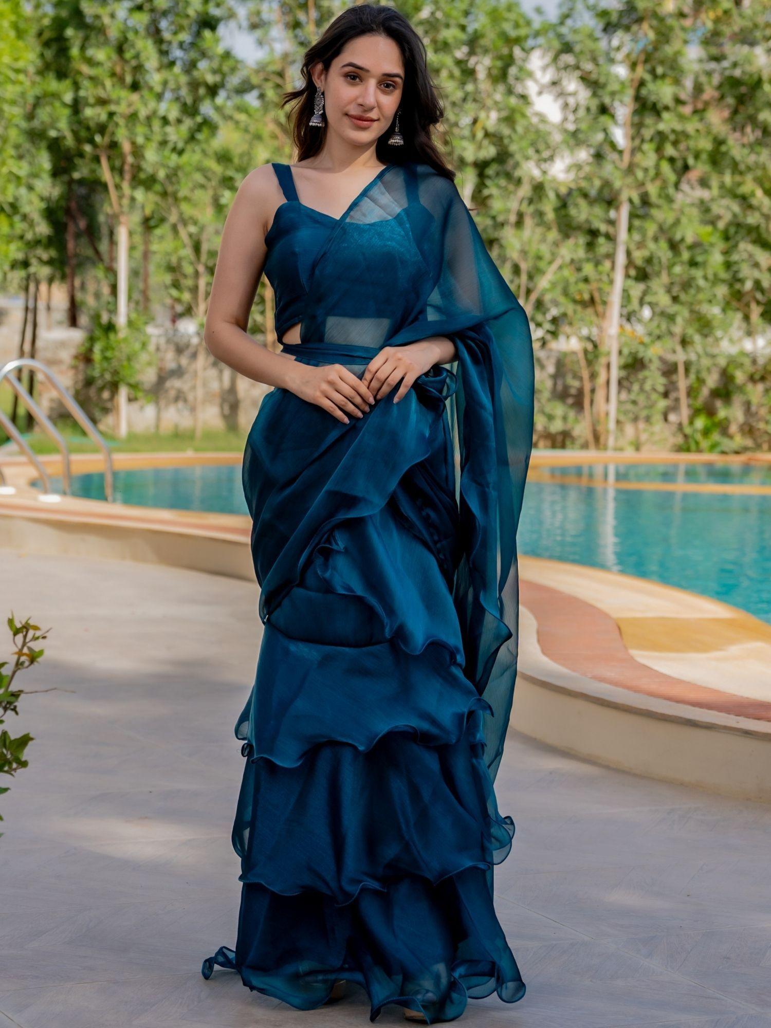 prussian shimmer ruffle saree with stitched blouse