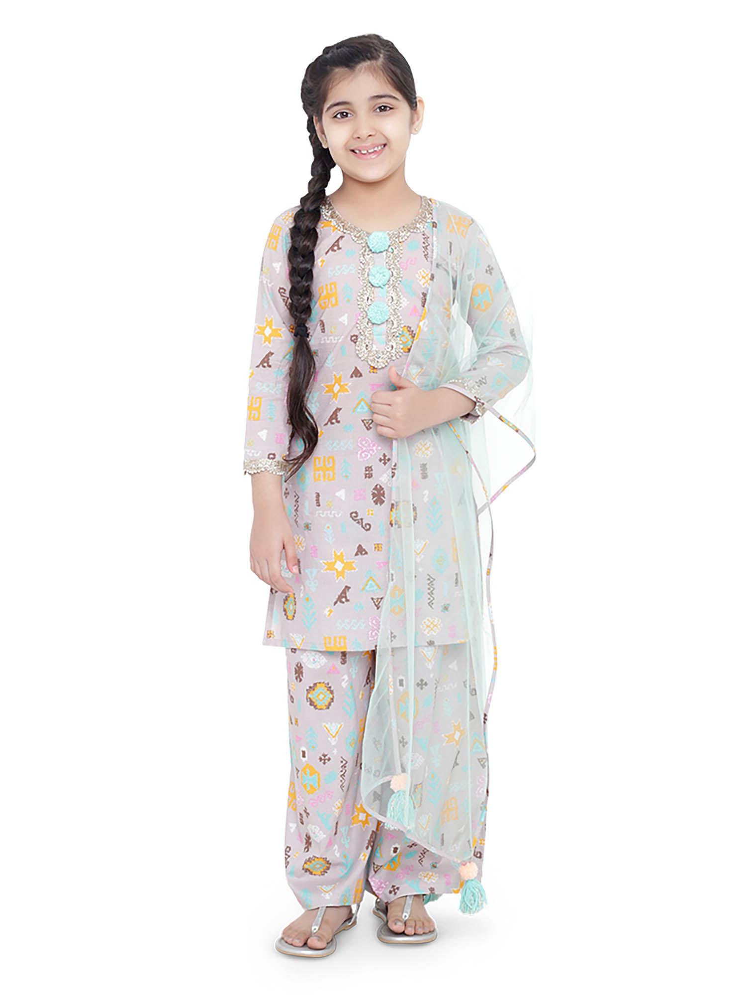 ps kids lavender printed cotton kurta with palazzo and aqua net dupatta (set of 3)