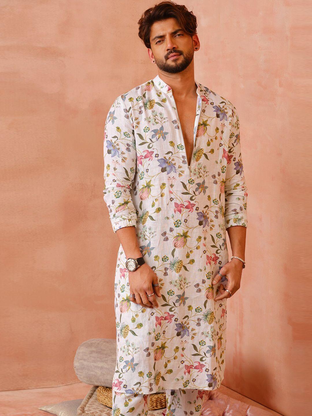 ps men by payal singhal floral printed mandarin collar linen kurta with trousers