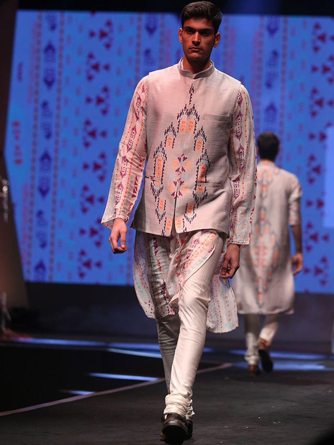 ps men by payal singhal men floral printed regular dupion silk kurta with churidar