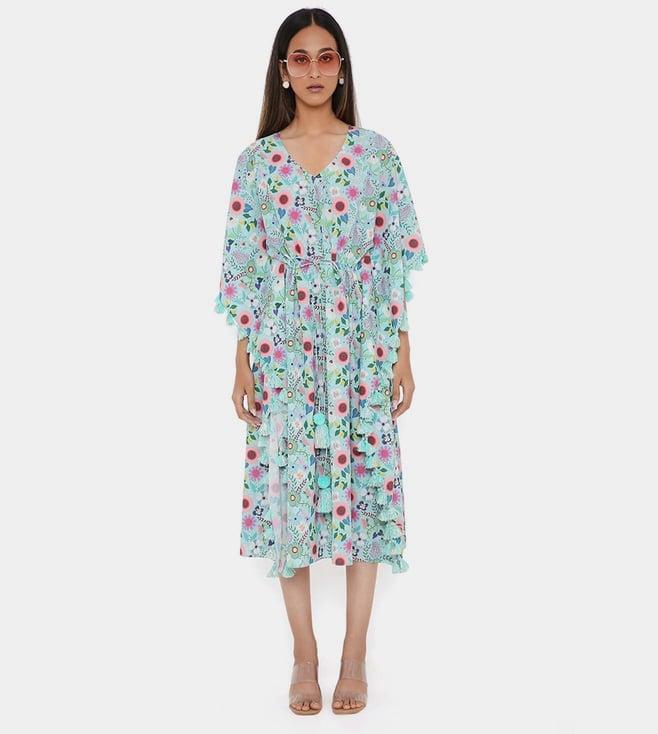 ps pret by payal singhal aqua spring floral garden print art crepe kaftan with tassels