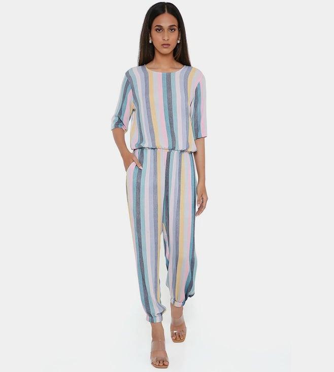 ps pret by payal singhal blue stripe print rayon top and jogger pant