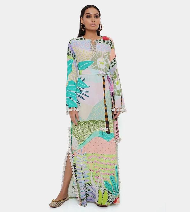 ps pret by payal singhal green tropical print crepe long beyza kaftan with belt