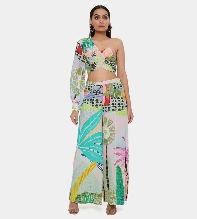 ps pret by payal singhal green tropical print crepe one shoulder top with palazzo