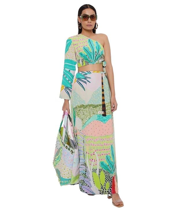 ps pret by payal singhal green tropical print crepe one shoulder with side tie up top and skirt