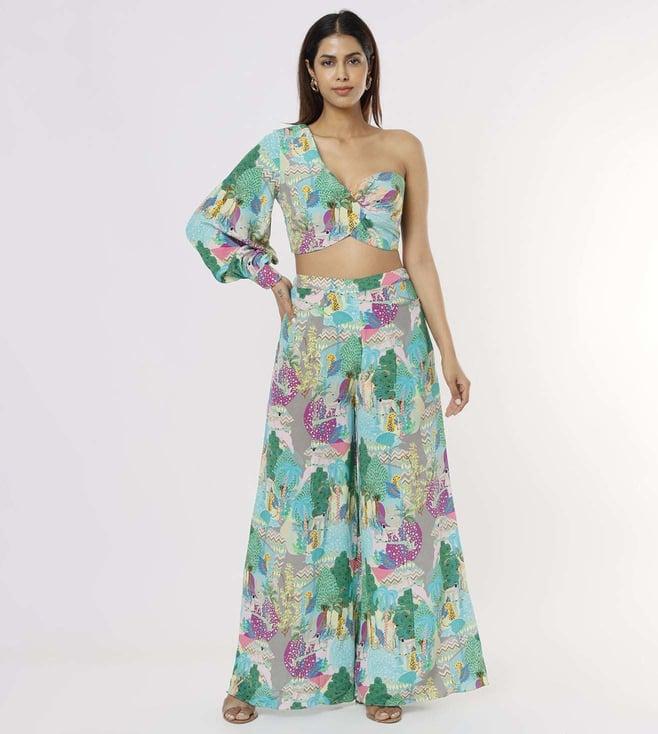 ps pret by payal singhal grey kuno print crepe one shoulder top with palazzo