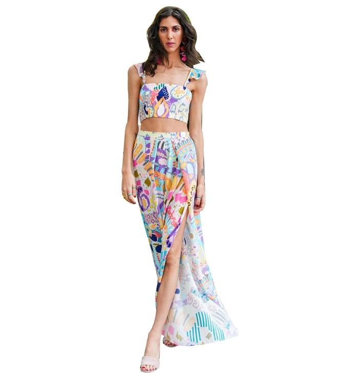 ps pret by payal singhal multicolour leah psychedelic print crepe ruffle top with cut out pant