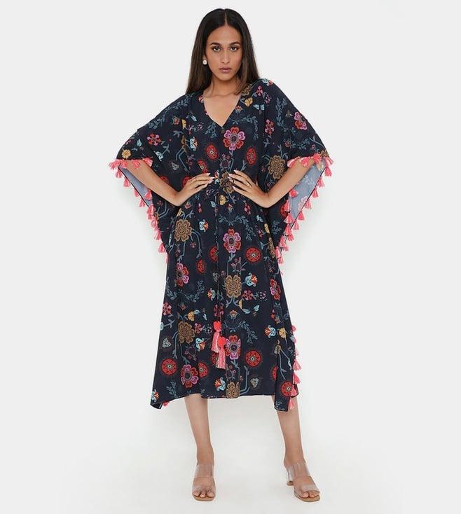 ps pret by payal singhal navy spring print art crepe kaftan with tassels