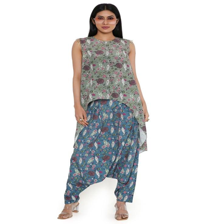 ps pret by payal singhal olive turkish print art crepe kurta with green turkish print crotch pant