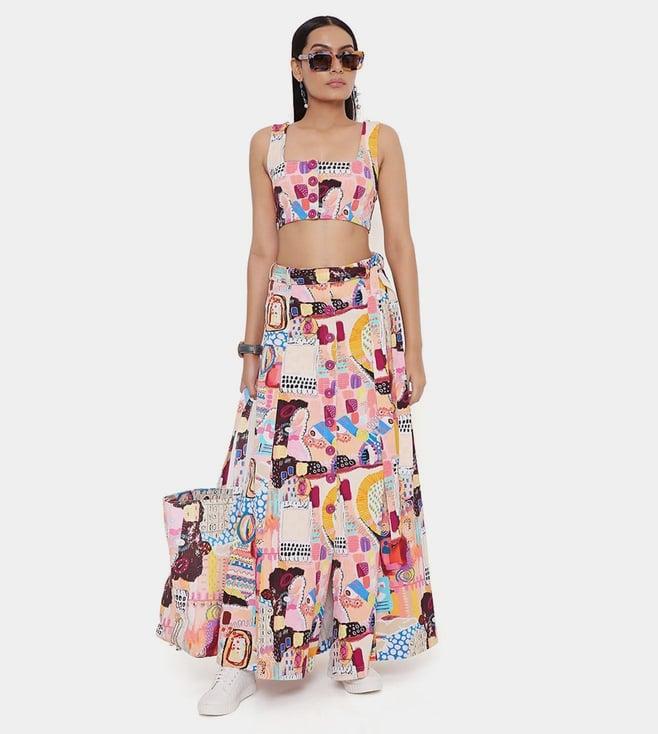 ps pret by payal singhal peach trance print denim top and skirt with a belt