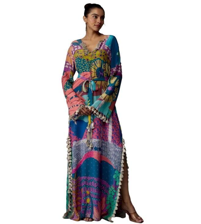 ps pret by payal singhal purple & multi-colour tropical print crepe long beyza kaftan