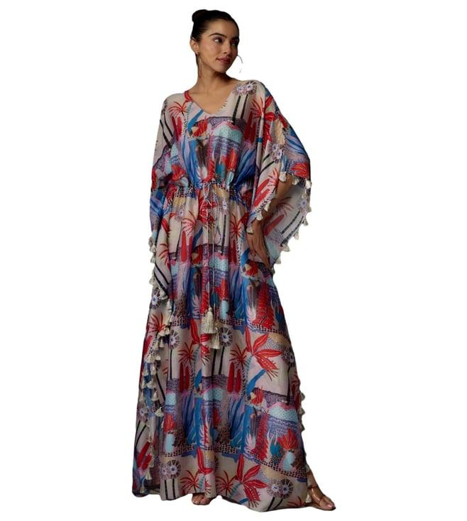 ps pret by payal singhal red & multi-colour tropical print silkmul kaftan with tassels