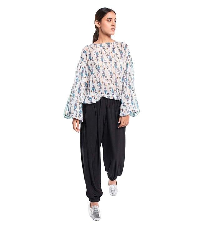 ps pret by payal singhal white and blue printed top with drawstring details