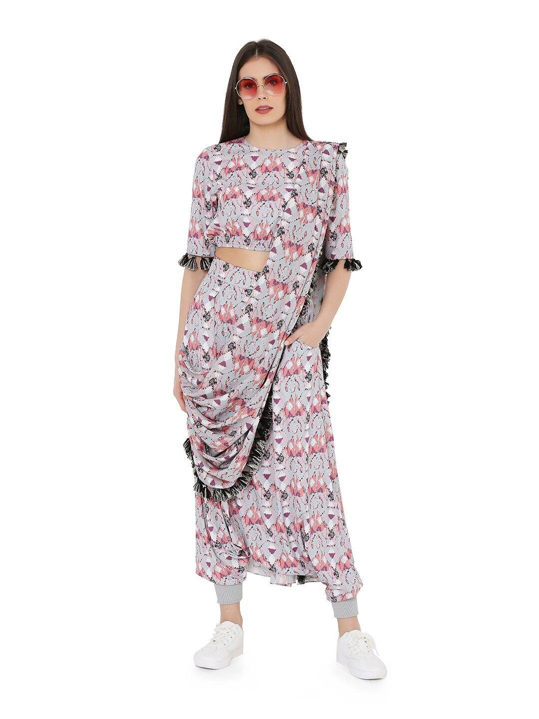 ps pret by payal singhal women grey & peach-coloured printed top with joggerpants