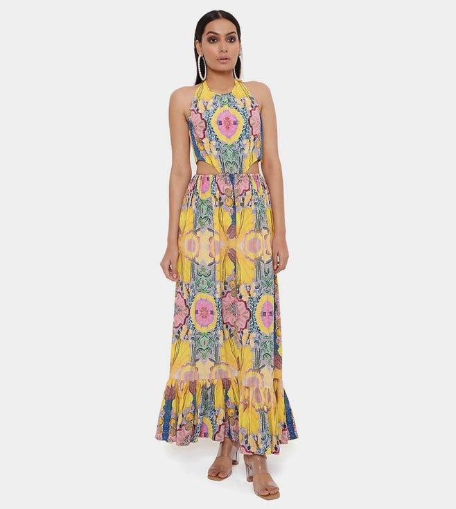 ps pret by payal singhal yellow enchanted print crepe waist cut-out dress