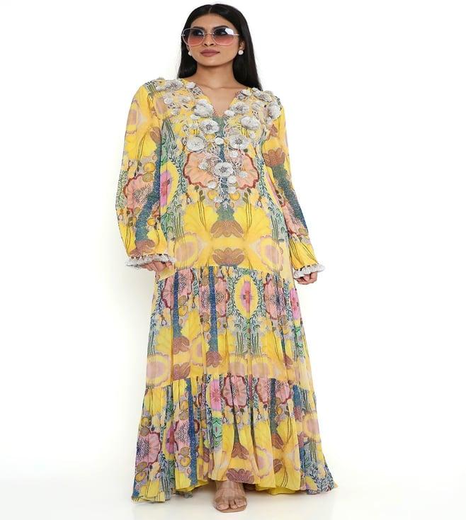 ps pret by payal singhal yellow enchanted print embroidered yoke art georgette boho dress