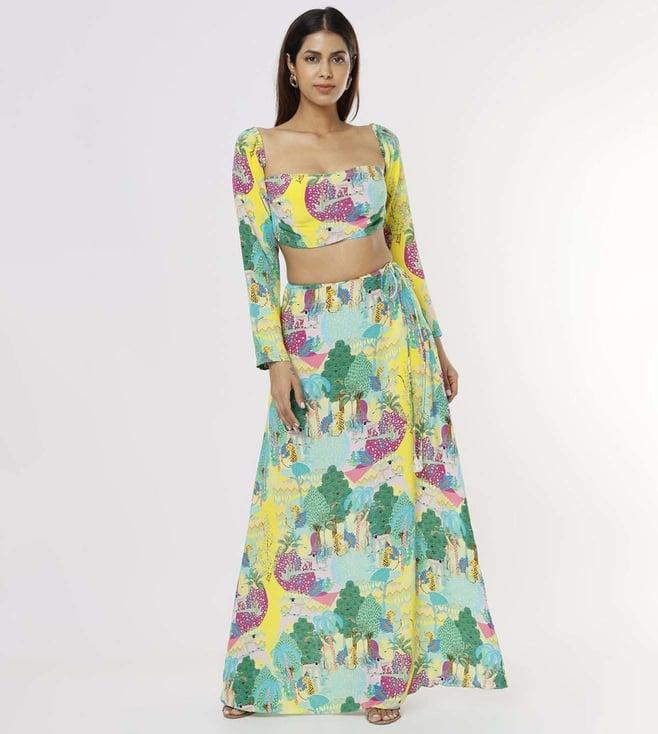 ps pret by payal singhal yellow kuno print crepe top and skirt