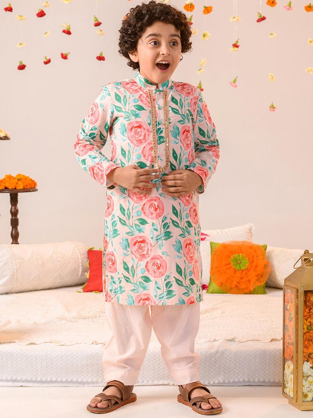 pspeaches boys floral printed pure cotton kurta with pyjamas