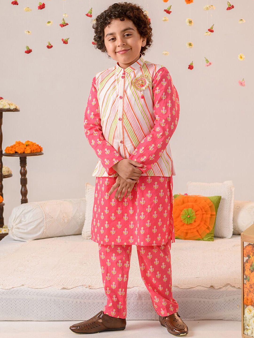 pspeaches boys ethnic motifs printed pure cotton kurta with pyjamas & nahru jacket