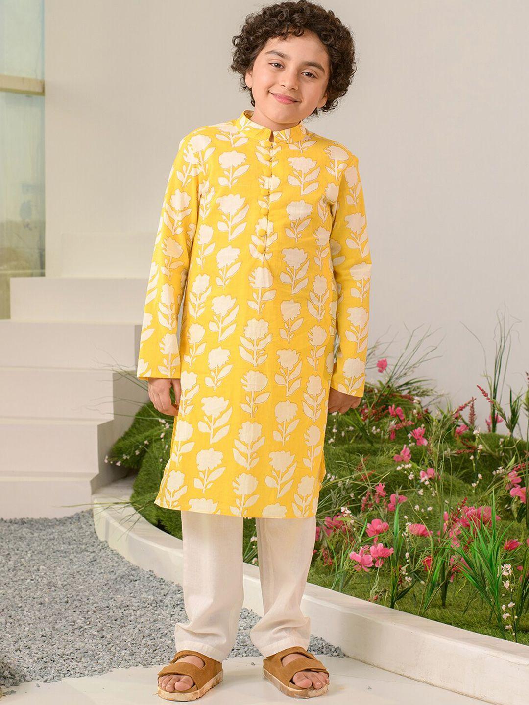pspeaches boys floral printed pure cotton kurta with pyjamas