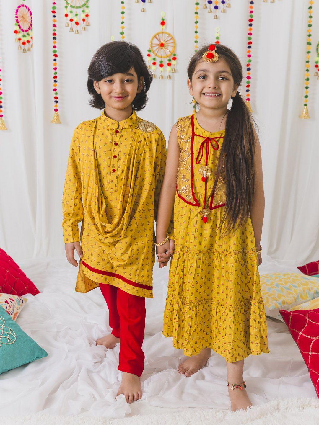 pspeaches boys mustard yellow ethnic motifs embroidered angrakha pure cotton kurti with trousers