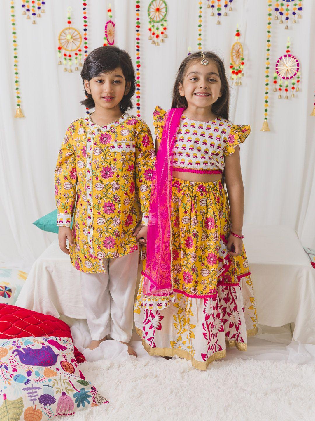 pspeaches boys yellow ethnic motifs printed angrakha pure cotton kurta with trousers