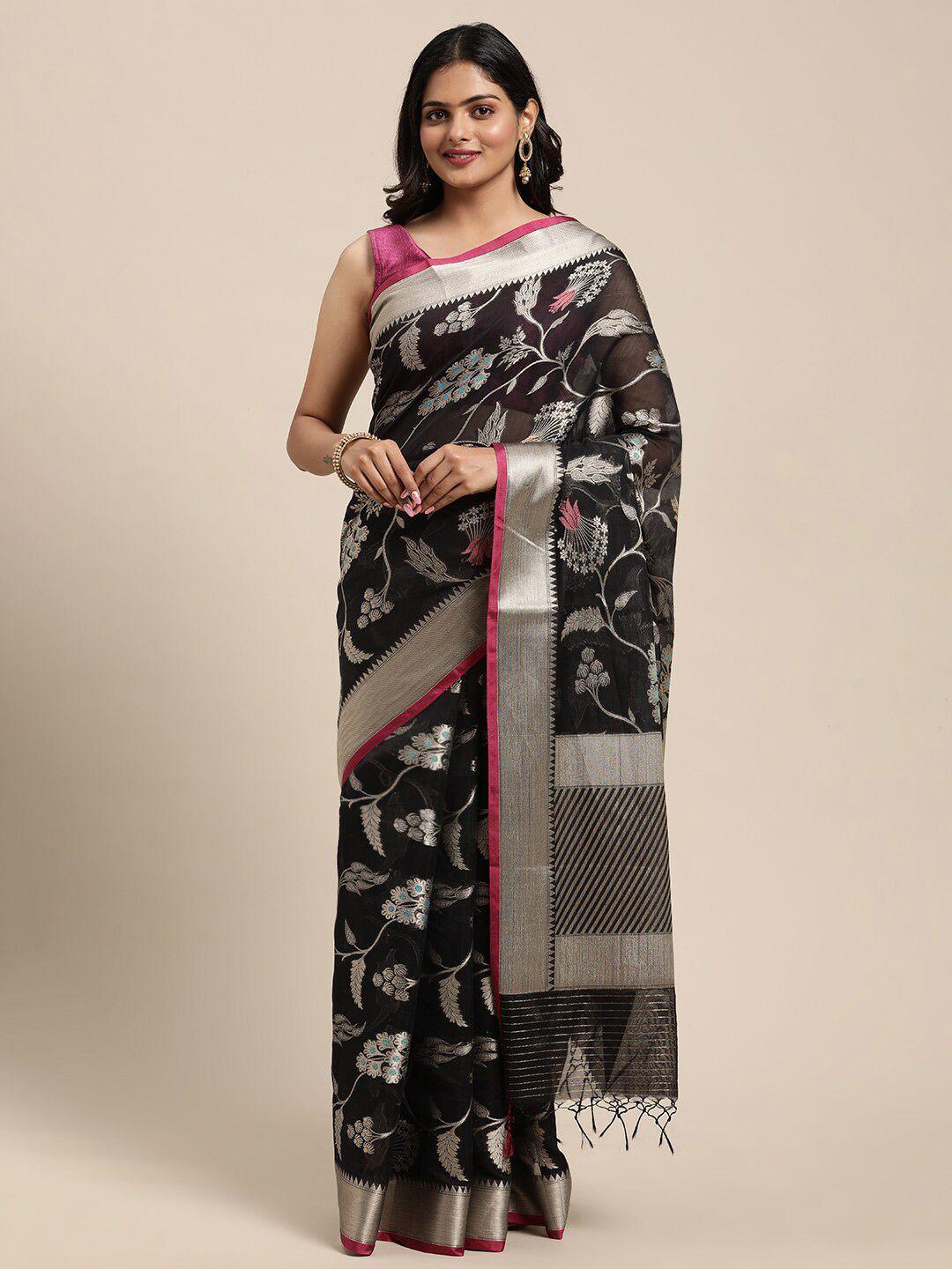 ptiepl banarasi silk works black & pink floral zari banarasi saree