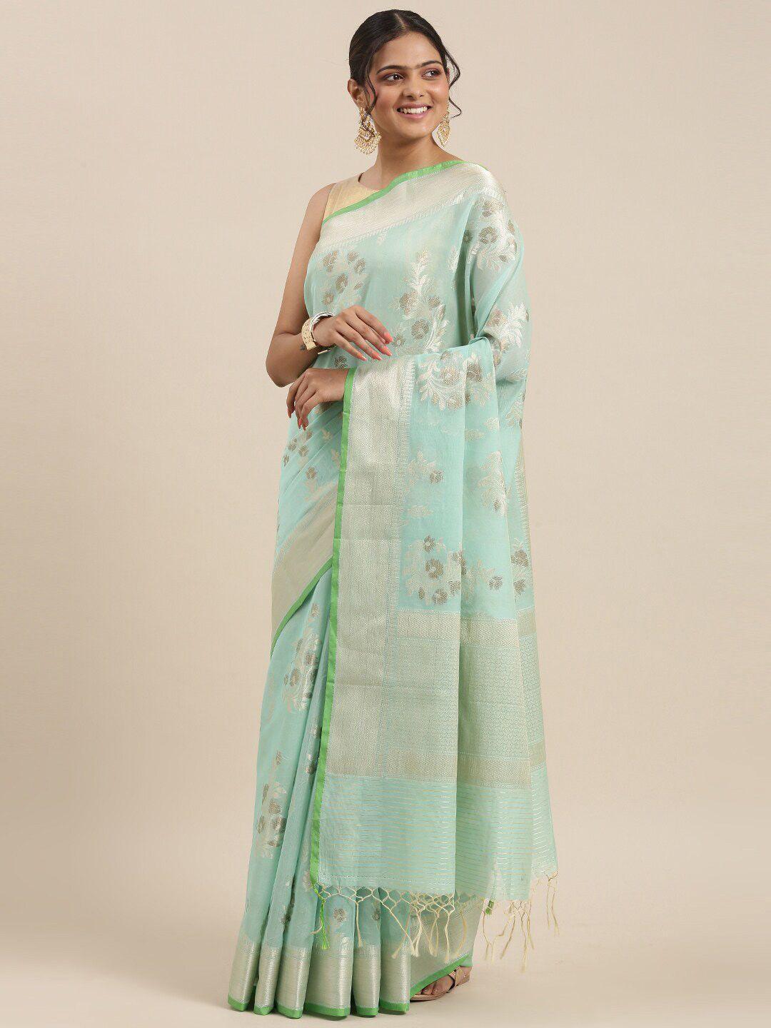 ptiepl banarasi silk works sea green & brown floral zari banarasi saree