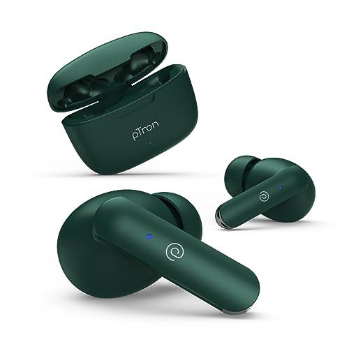 ptron bassbuds duo in-ear wireless earbuds, immersive sound, 32h playtime, clear calls tws earbuds, bluetooth v5.1 headphone, type-c fast charging, voice assistant & ipx4 water resistant (dark green)
