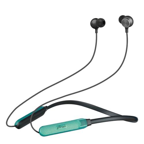 ptron intunes classic bluetooth 5.2 wireless in-ear headphones with mic, 24h playback, 13mm driver, fast charging type-c neckband, dual pairing, voice assist & ipx4 water resistant (jet black/green)