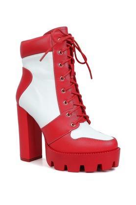 pu lace up women's boots - red