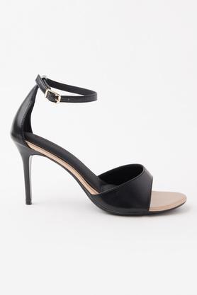pu buckle women's casual mid heels - black